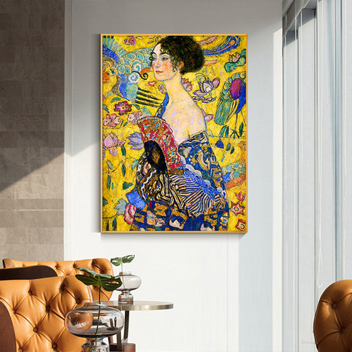 My Best Buy - 70cmx100cm Lady With A fan By Klimt Gold Frame Canvas Wall Art