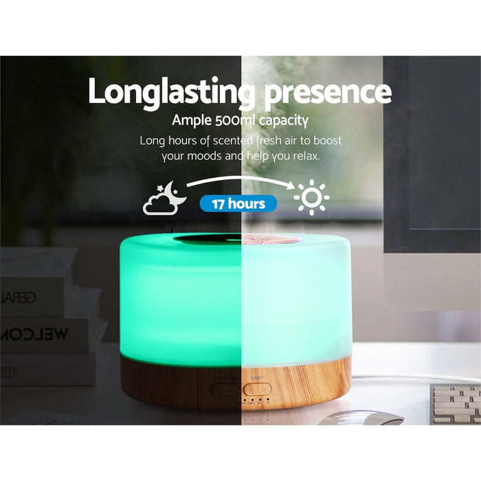 My Best Buy - DEVANTI Aroma Diffuser Aromatherapy LED Night Light Air Humidifier Purifier Round Light Wood Grain 500ml Remote Control