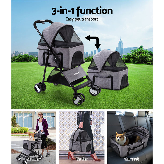 My Best Buy - i.Pet Pet Stroller Dog Carrier Foldable Pram 3 IN 1 Middle Size Grey