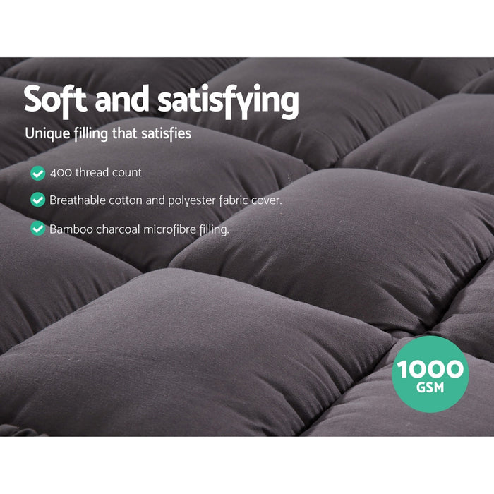 My Best Buy - Giselle King Single Mattress Topper Pillowtop 1000GSM Charcoal Microfibre Bamboo Fibre Filling Protector