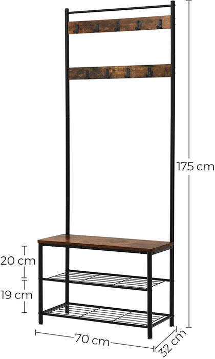 My Best Buy - Rustic Brown Coat Rack Stand with Hallway Shoe Rack and Bench with Shelves Matte Metal Frame Height 175 cm