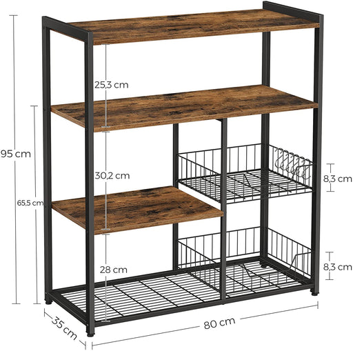 My Best Buy - Baker's Rack with 2 Metal Mesh Baskets, Shelves and Hooks, 80 x 35 x 95 cm, Industrial Style, Rustic Brown