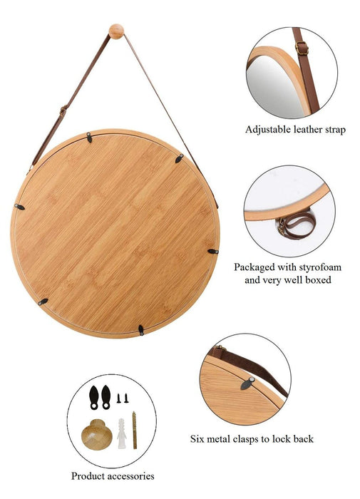 My Best Buy - Hanging Round Wall Mirror 38 cm - Solid Bamboo Frame and Adjustable Leather Strap for Bathroom and Bedroom