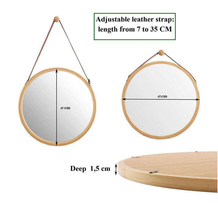 My Best Buy - Hanging Round Wall Mirror 45 cm - Solid Bamboo Frame and Adjustable Leather Strap for Bathroom and Bedroom