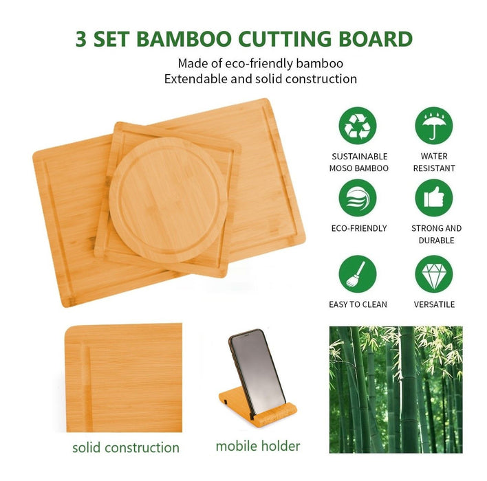 My Best Buy - 3 Pieces Bamboo Cutting Board with Juice Groove and Mobile Holder included for Home Kitchen