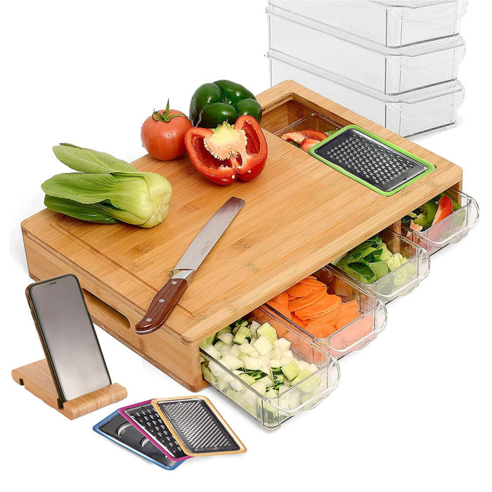 My Best Buy - Large Bamboo Cutting Board and 4 Containers with Mobile Holder gift included for Home Kitchen