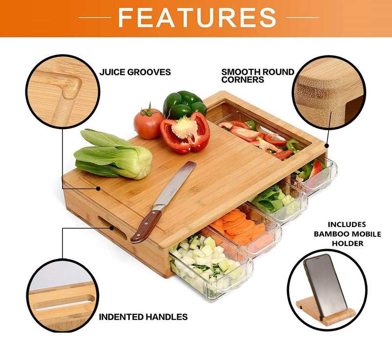 My Best Buy - Large Bamboo Cutting Board and 4 Containers with Mobile Holder gift included for Home Kitchen