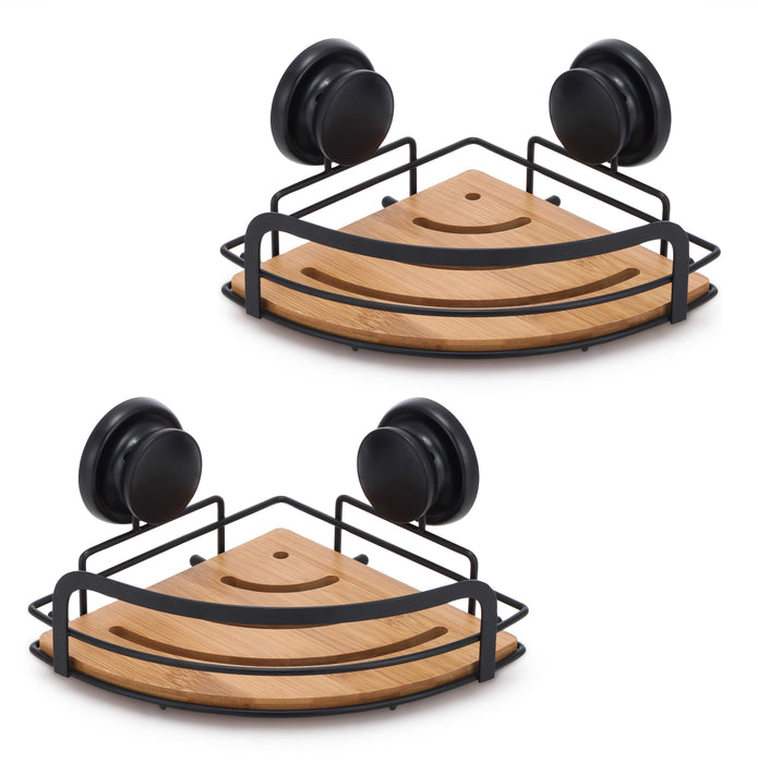 My Best Buy - 2 Pack Round Bamboo Corner Shower Caddy Shelf Basket Rack with Premium Vacuum Suction Cup No-Drilling for Bathroom and Kitchen