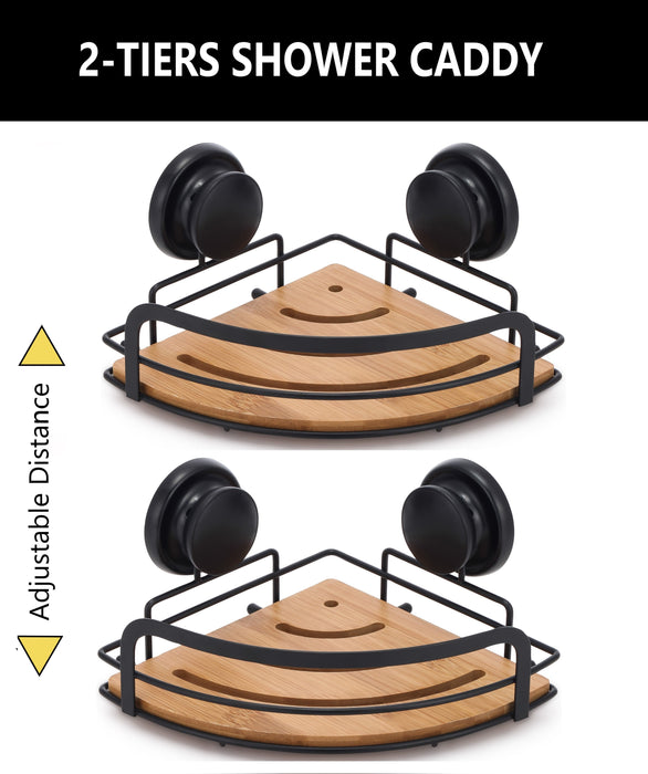My Best Buy - 2 Pack Round Bamboo Corner Shower Caddy Shelf Basket Rack with Premium Vacuum Suction Cup No-Drilling for Bathroom and Kitchen