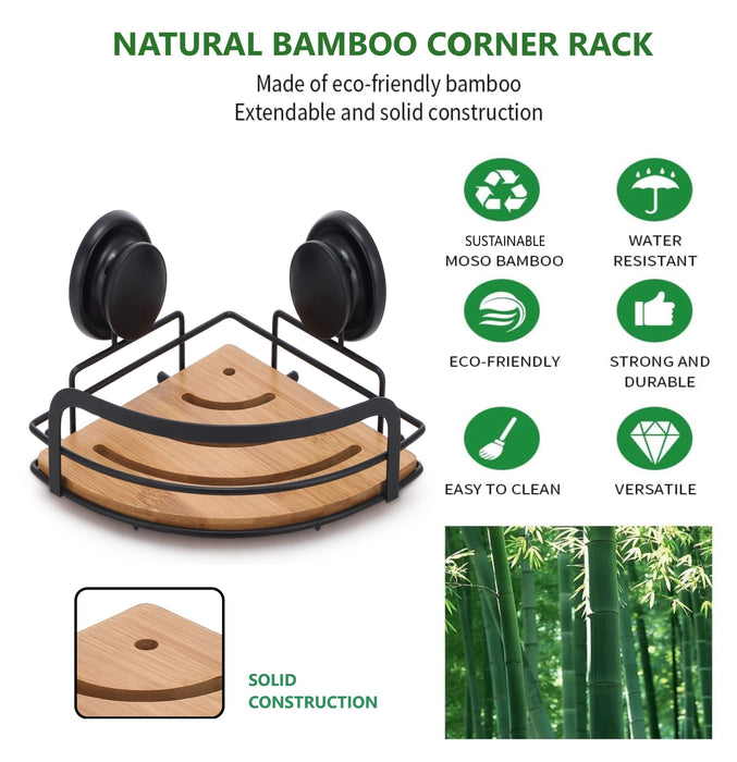 My Best Buy - 2 Pack Round Bamboo Corner Shower Caddy Shelf Basket Rack with Premium Vacuum Suction Cup No-Drilling for Bathroom and Kitchen