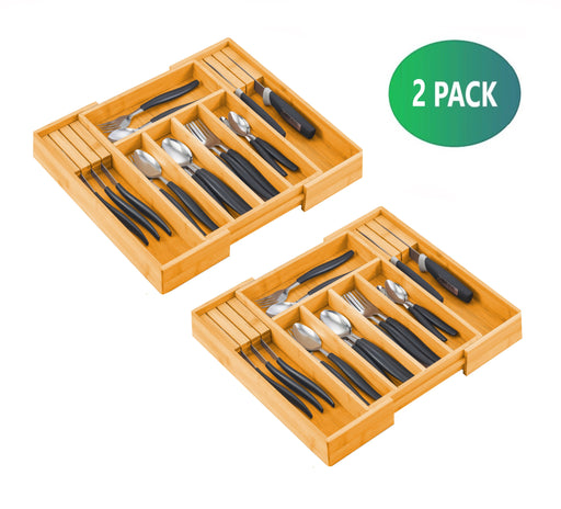 My Best Buy - 2 Pack Large Capacity Bamboo Expandable Drawer Organizer with Knife Block Holder for Home Kitchen Utensils