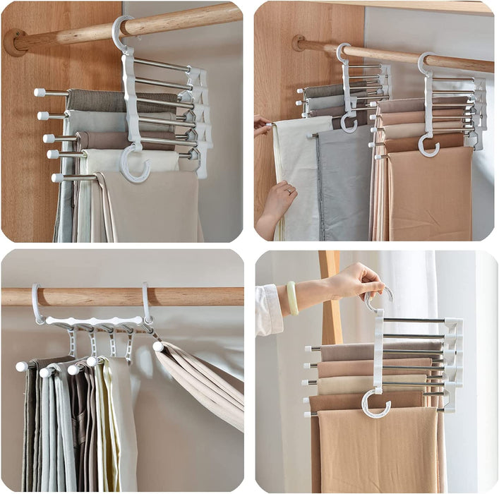 My Best Buy - 4 Pack Stainless Steel Adjustable 5 in 1 Pants Hangers Non-Slip Space Saving for Home Storage