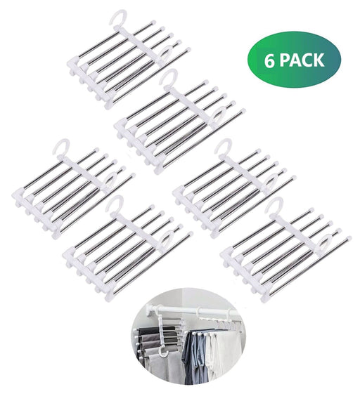 My Best Buy - 6 Pack Stainless Steel Adjustable 5 in 1 Pants Hangers Non-Slip Space Saving for Home Storage