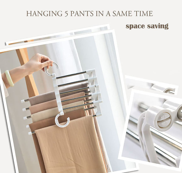 My Best Buy - 6 Pack Stainless Steel Adjustable 5 in 1 Pants Hangers Non-Slip Space Saving for Home Storage
