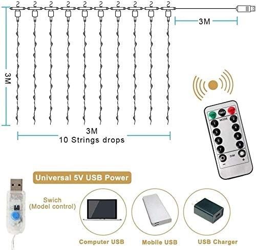 My Best Buy - 300 LEDs Window Curtain Fairy Lights 8 Modes and Remote Control for Bedroom (Cool White, 300 x 300cm)