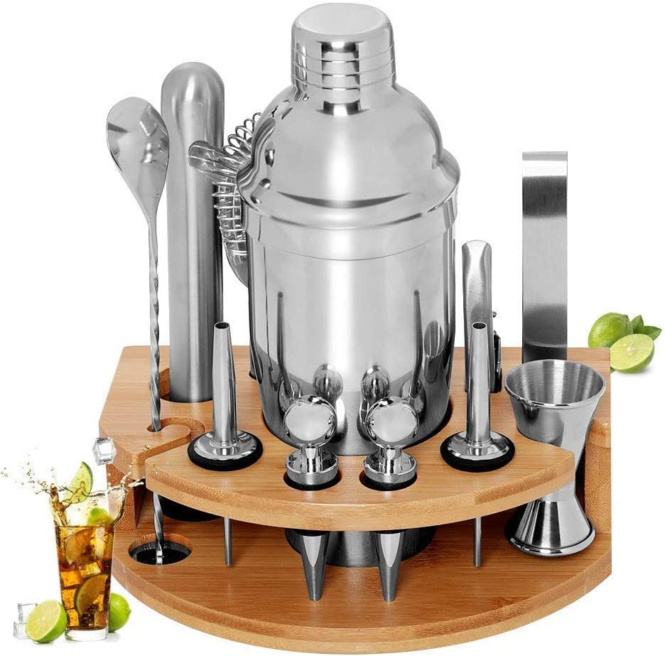 My Best Buy - Cocktail Shaker Set Bartender Kit with Bamboo frame and 12 Pieces Stainless Steel Bar Tool Set