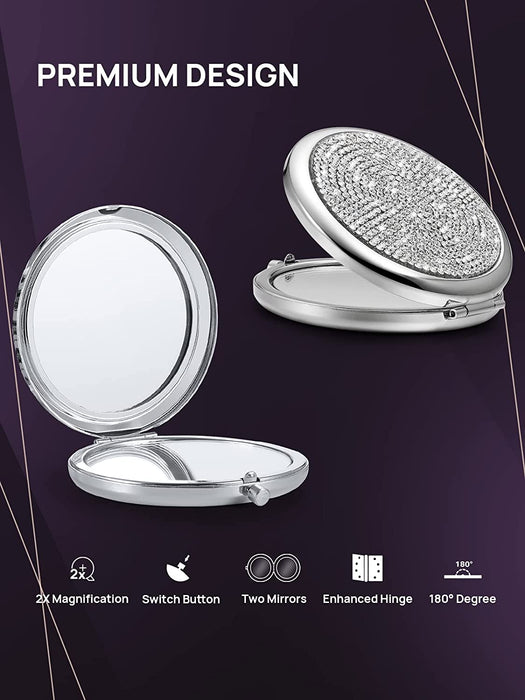 My Best Buy - Mini Small Diamond 1X/2X Magnifying Round Metal Pocket Makeup Mirror (Silver)