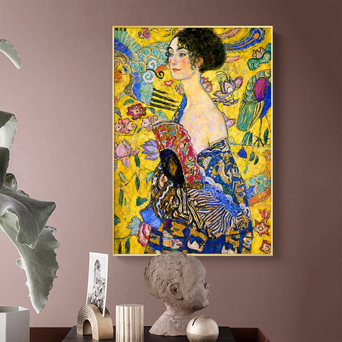 My Best Buy - 80cmx120cm Lady With A fan By Klimt Gold Frame Canvas Wall Art