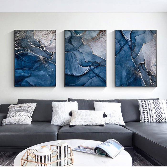 My Best Buy - 40cmx60cm Blue Gold Marble 3 Sets Black Frame Canvas Wall Art