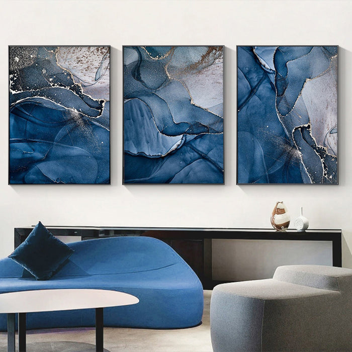 My Best Buy - 50cmx70cm Blue Gold Marble 3 Sets Black Frame Canvas Wall Art