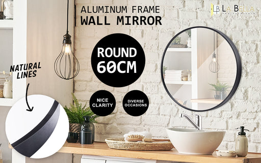 My Best Buy - La Bella Black Wall Mirror Round Aluminum Frame Makeup Decor Bathroom Vanity 60cm