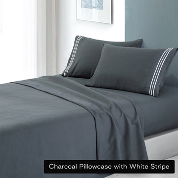 My Best Buy - soft microfibre embroidered stripe sheet set double charcoal Pillowcase White Stripe
