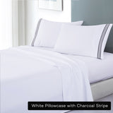 My Best Buy - soft microfibre embroidered stripe sheet set double white pillowcase charcoal stripe