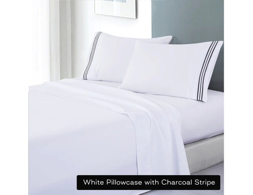 My Best Buy - soft microfibre embroidered stripe sheet set queen white pillowcase charcoal stripe
