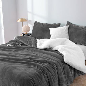 My Best Buy - 2 in 1 teddy sherpa duvet cover set and blanket queen charcoal
