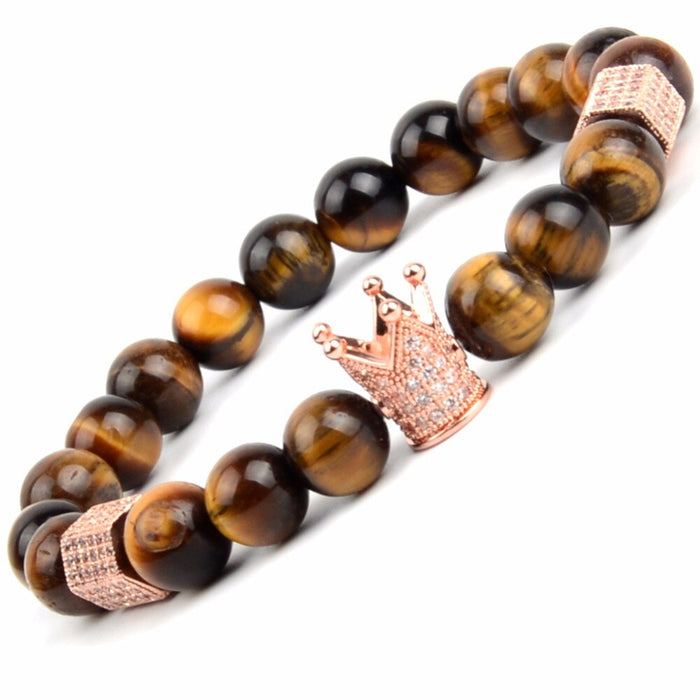 Chakra - Healing Crown - Natural Stone Black Agates Beads Bracelets Bangles - For Men and Women Rose Gold - Pave CZ Crown Chakre  - Reiki Yoga - MyBestBuy.com.au