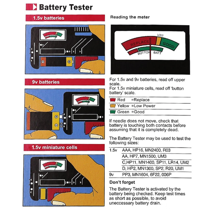 My Best Buy - Stop collecting dead batteries. - AA/AAA/C/D/9V/1.5V batteries Universal Tester - Colour Coded Meter